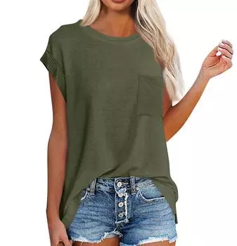 Женская летняя мода, свободный однотонный топ без рукавов с короткими рукавами и карманами, повседневный топ с разрезом L армия зеленый