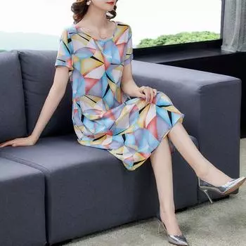 Женская летняя мода свободный принт О-образный вырез короткий рукав повседневные платья женская одежда тенденция появляются тонкие сборчатые юбки трапециевидной формы M