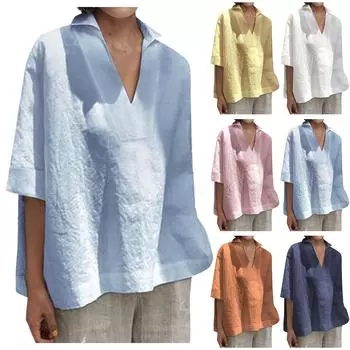 Женская летняя мода, свободный пуловер с круглым вырезом, однотонная литературная хлопковая футболка из конопли L темно-синий