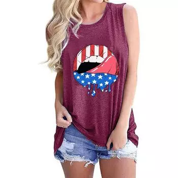 Женская летняя мода, свободный жилет без рукавов с принтом флага губ, футболка S светло-синий