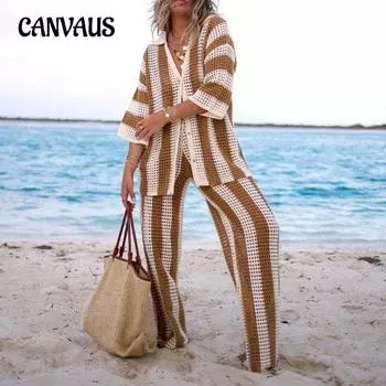 Женская летняя мода V-образный вырез ажурная полосатая рубашка свободный трикотажный комплект с широкими брюками S розы красного