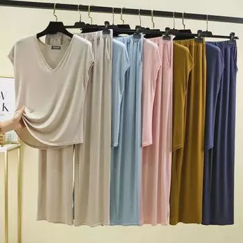 Женская летняя модальная домашняя одежда без рукавов с V-образным вырезом: Свободный, облегающий комплект из двух предметов: футболка и брюки L кофейный/зелёный