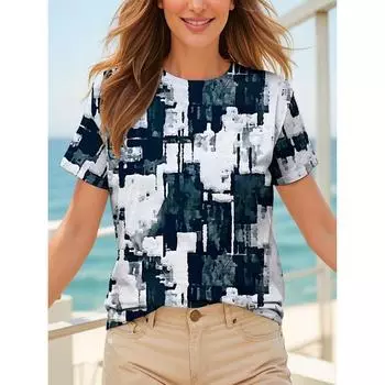 Женская летняя модная футболка, футболка с геометрическим принтом в стиле ретро, классическая футболка с короткими рукавами и круглым вырезом, топ с обычным круглым вырезом 2XS