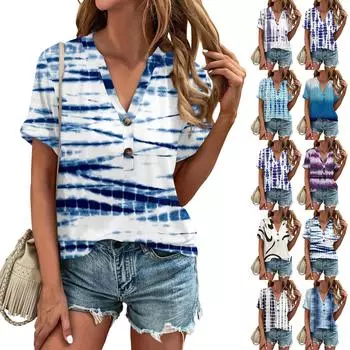 Женская летняя модная футболка с коротким рукавом и принтом в полоску Tie-Dye на пуговицах L чёрный