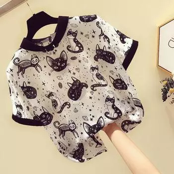 Женская летняя модная футболка с принтом кота, свободная шифоновая рубашка S белый