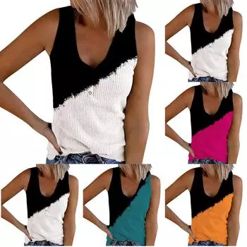 Женская летняя модная футболка с v-образным вырезом, повседневная майка без рукавов с принтом, топы L чёрный