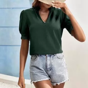 Женская летняя модная футболка с V-образным вырезом и рукавами-фонариками, кружевной топ в стиле пэчворк S белый