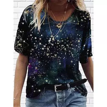 Женская летняя модная футболка со звездами и принтом Galaxy O-образным вырезом, женские модные базовые топы, синяя/3D-принт, свободная повседневная рубашка 6XL S