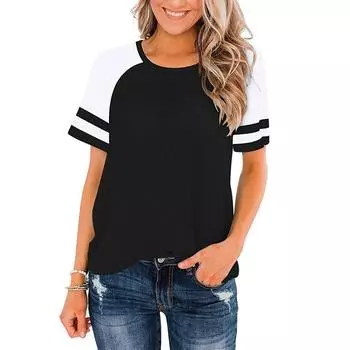Женская летняя модная футболка в большую полоску с круглым вырезом и контрастной вставкой, с коротким рукавом, топ XXL белый