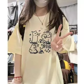Женская летняя модная хлопковая футболка с принтом собаки - Свободный крой, Короткий рукав XL for 116-130 lbs