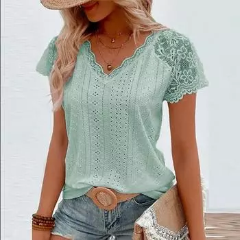 Женская летняя модная кружевная рубашка с V-образным вырезом, женские футболки с коротким рукавом, свободные футболки, повседневные белые и зеленые рубашки для женщин 2025 S чёрный