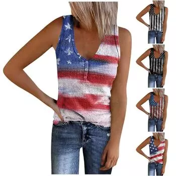 Женская летняя модная майка с принтом на пуговицах ко Дню независимости S темно-синий