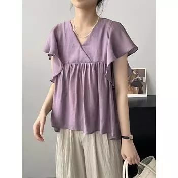 Женская летняя модная нежная плиссированная шелковая рубашка с рюшами и летящими рукавами и v-образным вырезом, свободная и тонкая кукольная рубашка, топ L зелёный