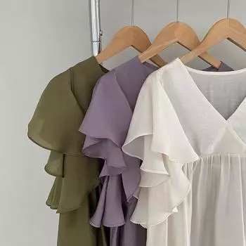 Женская летняя модная нежная плиссированная шелковая рубашка с рюшами и летящими рукавами и v-образным вырезом, свободная и тонкая кукольная рубашка, топ L зелёный