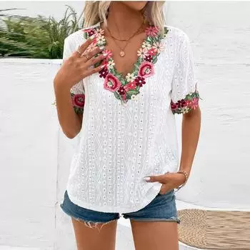 Женская летняя модная новая кружевная футболка с короткими рукавами и глубоким v-образным вырезом XL белый