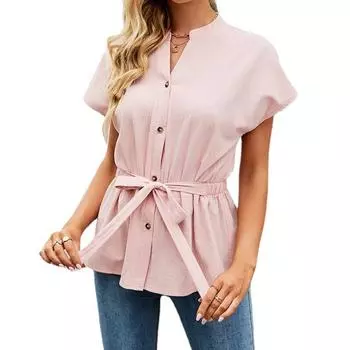Женская летняя модная однотонная рубашка на пуговицах с v-образным вырезом из чистого хлопка, повседневная свободная рубашка с короткими рукавами XXL белый