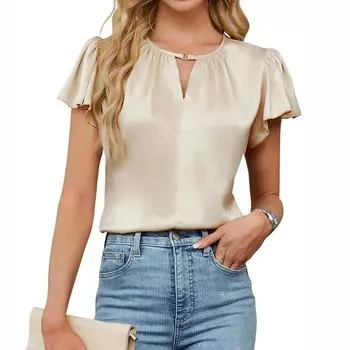 Женская летняя модная повседневная атласная блузка на пуговицах с V-образным вырезом и короткими рукавами M бежевый