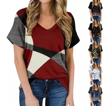 Женская летняя модная повседневная блузка с V-образным вырезом и коротким рукавом с принтом L чёрный