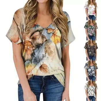 Женская летняя модная повседневная блузка с V-образным вырезом и коротким рукавом с принтом L