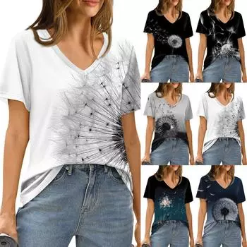 Женская летняя модная повседневная блузка с V-образным вырезом и коротким рукавом с принтом L чёрный