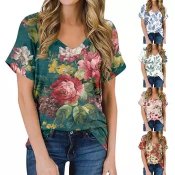 Женская летняя модная повседневная блузка с V-образным вырезом и коротким рукавом с принтом L темно-зеленого