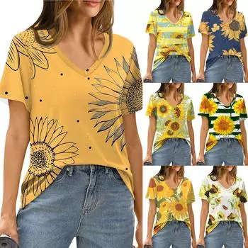 Женская летняя модная повседневная блузка с V-образным вырезом и коротким рукавом с принтом L