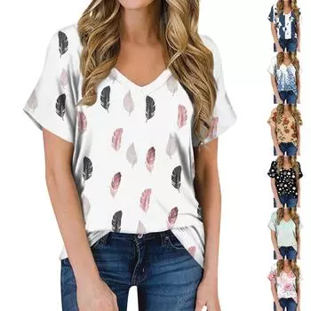 Женская летняя модная повседневная блузка с V-образным вырезом и коротким рукавом с принтом L чёрный