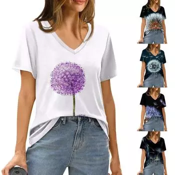 Женская летняя модная повседневная блузка с V-образным вырезом и коротким рукавом с принтом L чёрный