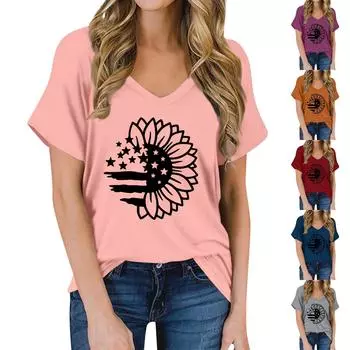 Женская летняя модная повседневная блузка с V-образным вырезом и коротким рукавом с принтом L