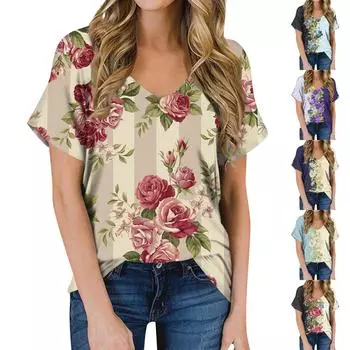 Женская летняя модная повседневная блузка с V-образным вырезом и коротким рукавом с принтом L чёрный