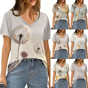 Женская летняя модная повседневная блузка с V-образным вырезом и коротким рукавом с принтом L