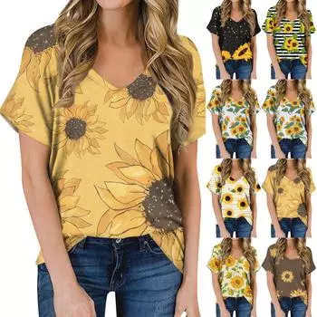 Женская летняя модная повседневная блузка с V-образным вырезом и коротким рукавом с принтом L чёрный