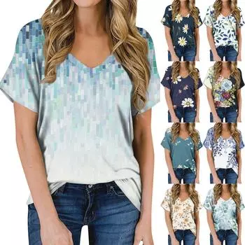Женская летняя модная повседневная блузка с V-образным вырезом и коротким рукавом с принтом L циан