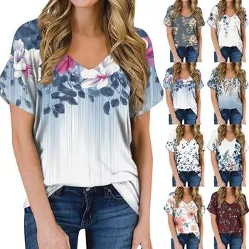 Женская летняя модная повседневная блузка с V-образным вырезом и коротким рукавом с принтом XXXL