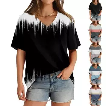 Женская летняя модная повседневная блузка с V-образным вырезом и коротким рукавом с принтом S тёмно-синий