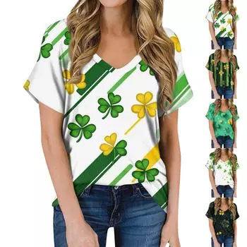 Женская летняя модная повседневная блузка с V-образным вырезом и коротким рукавом с принтом XXL