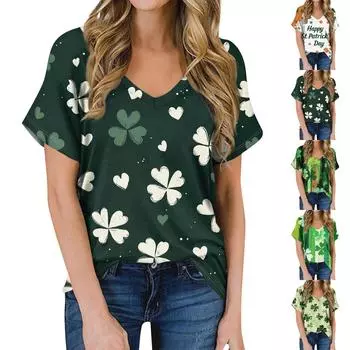 Женская летняя модная повседневная блузка с V-образным вырезом и коротким рукавом с принтом M