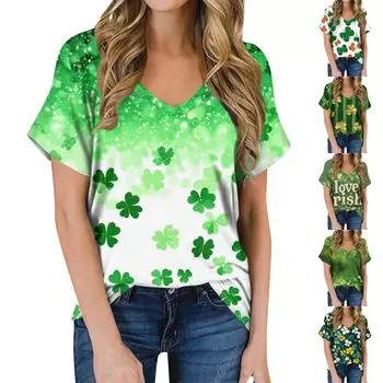 Женская летняя модная повседневная блузка с V-образным вырезом и коротким рукавом с принтом XL