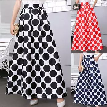 Женская летняя модная повседневная длинная юбка с большим волнистым принтом в горошек, эластичной резинкой на талии, большим распашным карманом M чёрный