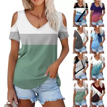 Женская летняя модная повседневная футболка без бретелек с v-образным вырезом и коротким рукавом с принтом, топ L синий