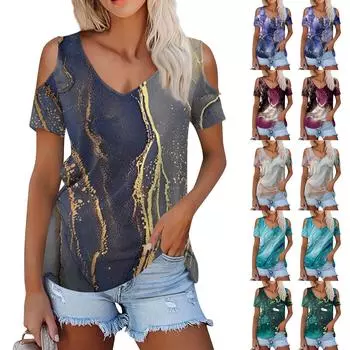 Женская летняя модная повседневная футболка без бретелек с v-образным вырезом и коротким рукавом с принтом, топ L