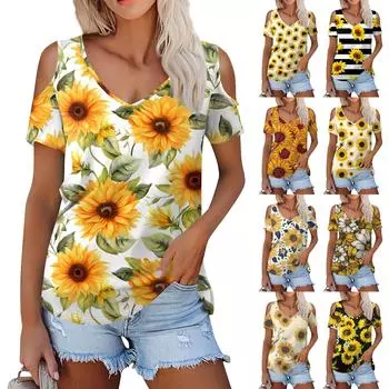 Женская летняя модная повседневная футболка без бретелек с v-образным вырезом и коротким рукавом с принтом подсолнечника, топ L бежевый