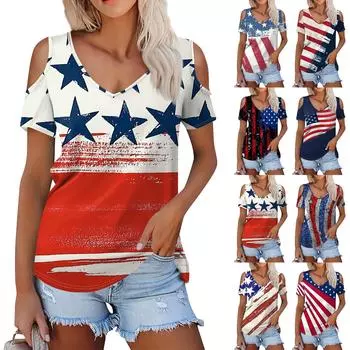 Женская летняя модная повседневная футболка без бретелек с v-образным вырезом и короткими рукавами, посвященная Дню независимости, топ L синий