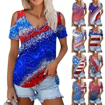 Женская летняя модная повседневная футболка без бретелек с v-образным вырезом и короткими рукавами, посвященная Дню независимости, топ L синий