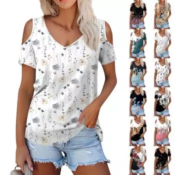 Женская летняя модная повседневная футболка без бретелек с v-образным вырезом и коротким рукавом с принтом, топ XL синий
