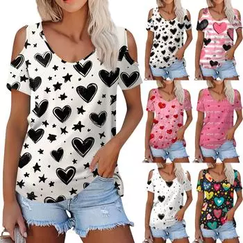 Женская летняя модная повседневная футболка без бретелек с v-образным вырезом и коротким рукавом с принтом, топ L чёрный