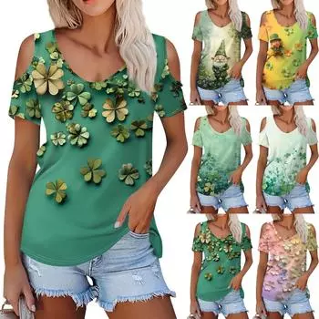 Женская летняя модная повседневная футболка без бретелек с v-образным вырезом и коротким рукавом с принтом, топ L