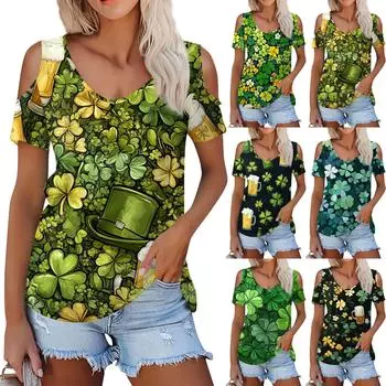 Женская летняя модная повседневная футболка без бретелек с v-образным вырезом и коротким рукавом с принтом, топ XXXL