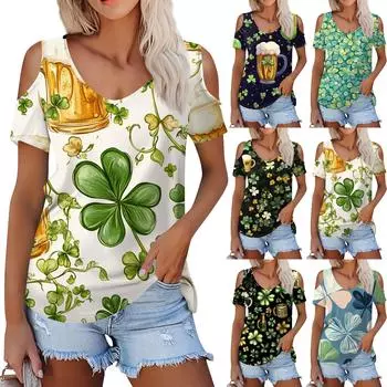 Женская летняя модная повседневная футболка без бретелек с v-образным вырезом и коротким рукавом с принтом, топ XXL