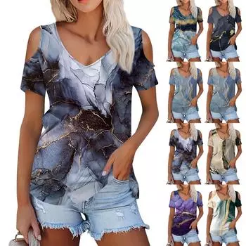 Женская летняя модная повседневная футболка без бретелек с v-образным вырезом и коротким рукавом с принтом, топ L синий